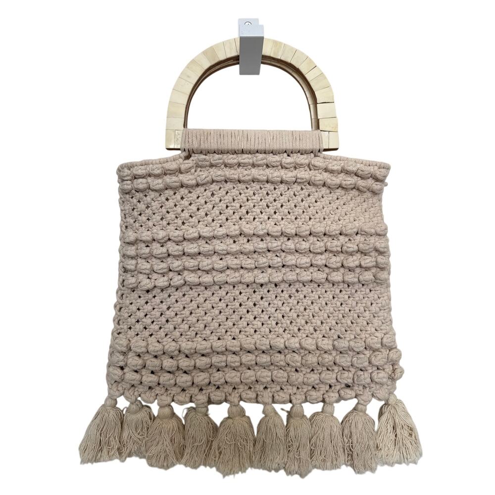 Cleobella 2010s Cream Macramé Cotton Tote Wooden Handle Boho Bag